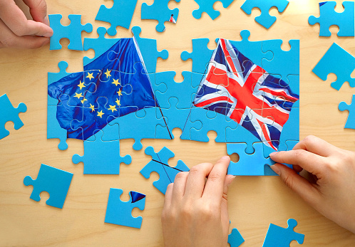 Great Britain and European Union flags. Brexit puzzle concept