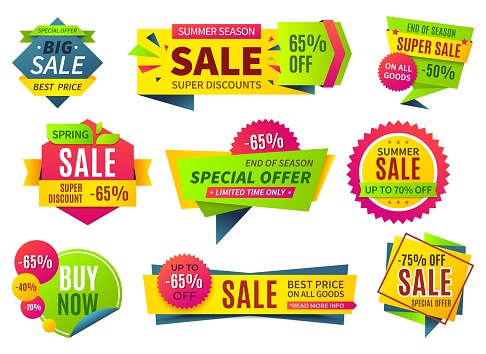 Sale banners. Price stickers collection, ribbons square and round shape badges and labels, discount coupons. Vector special designed percent offer set