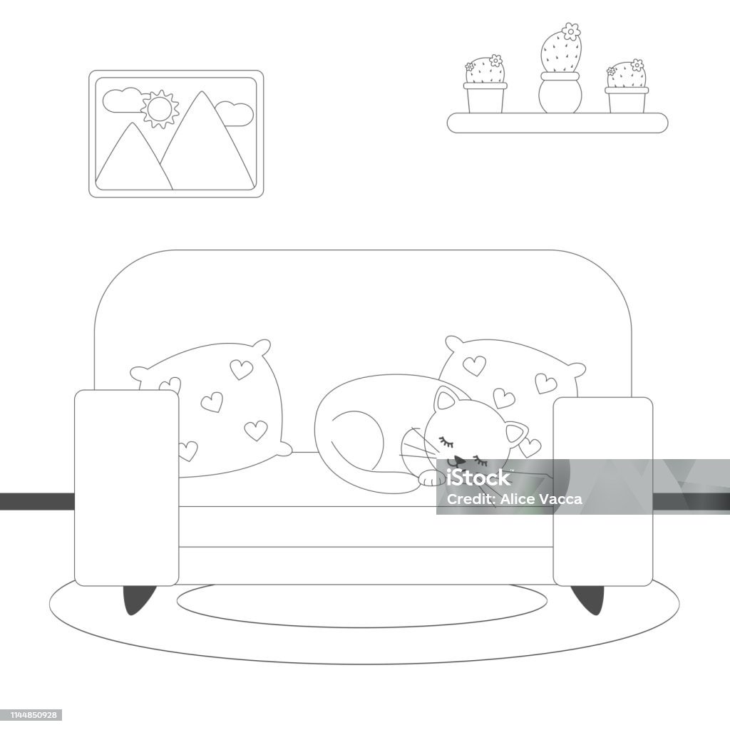 cute lovely black and white cartoon with cat lying on sofa vector illustration for coloring art Domestic Cat stock vector