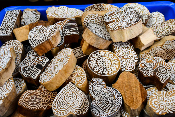 istock wood blocks for pattern stamps on fabric, handmade textile manufacturer. 1144852202