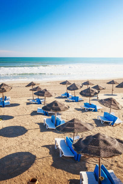 Lounge chairs with sun umbrella on sandy beach Lounge chairs with sun umbrella on sandy beach, Djerba, Tunisia. Summer background concept, top view tunisia beach stock pictures, royalty-free photos & images