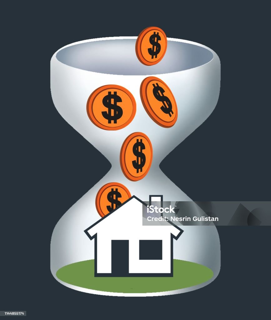 Owning home. accumulate, accumulation, home, homeowner, purchase, purchase, purchase, hourglass, time, saving, piggy bank, real estate, sales, Bulgaria stock illustration