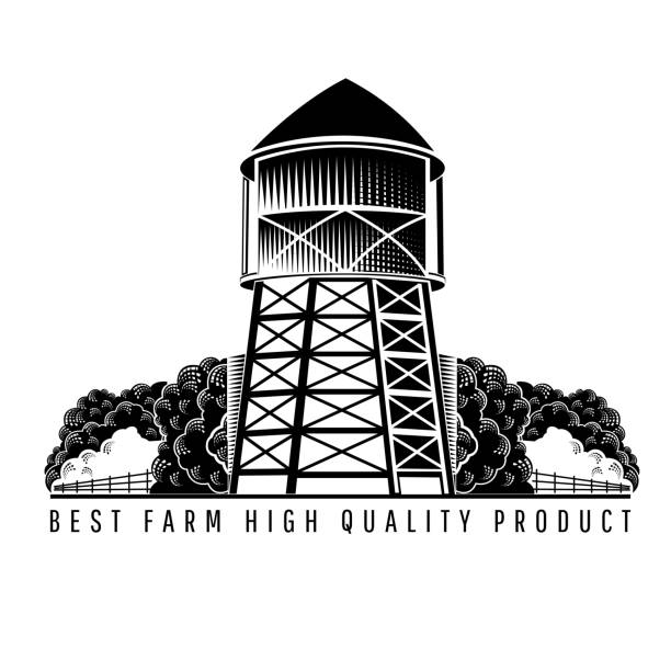 Farm water tower retro style vintage label on white