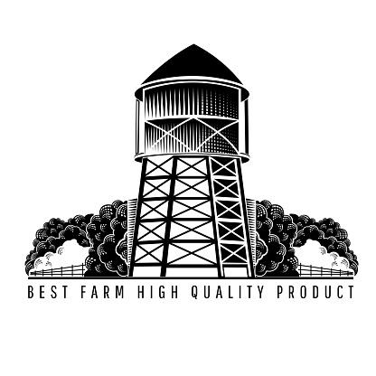 Farm water tower retro style vintage label on white