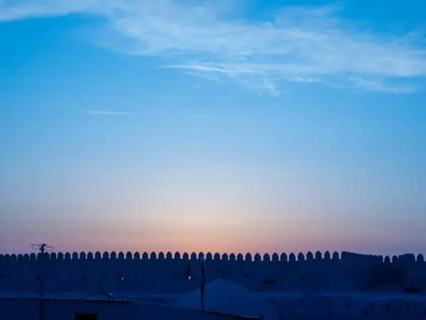 Itchan Kala, Khiva, zbekistan - March 15, 2019 : Evening view of the old castle.