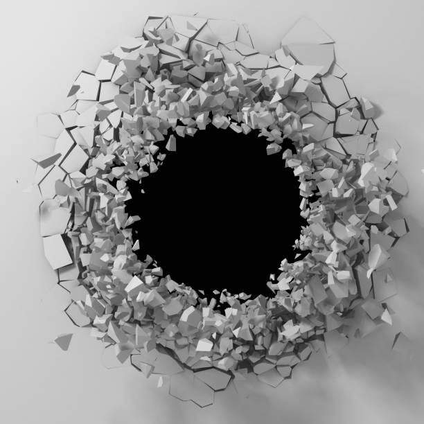 istock Dark destruction cracked hole in white stone wall 1144857622