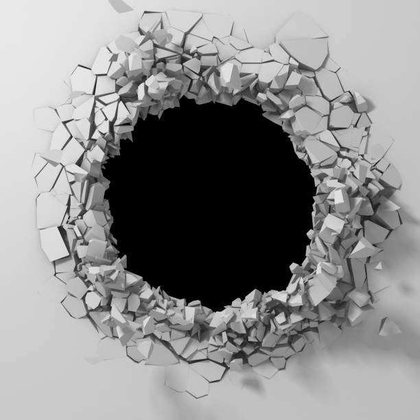 istock Dark destruction cracked hole in white stone wall 1144857643