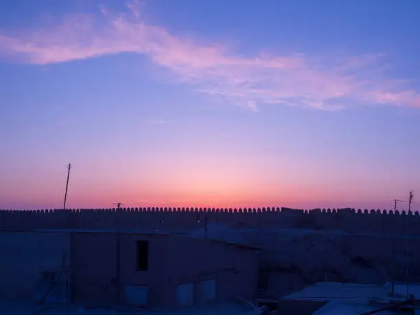 Itchan Kala, Khiva, zbekistan - March 15, 2019 : Evening view of the old castle.