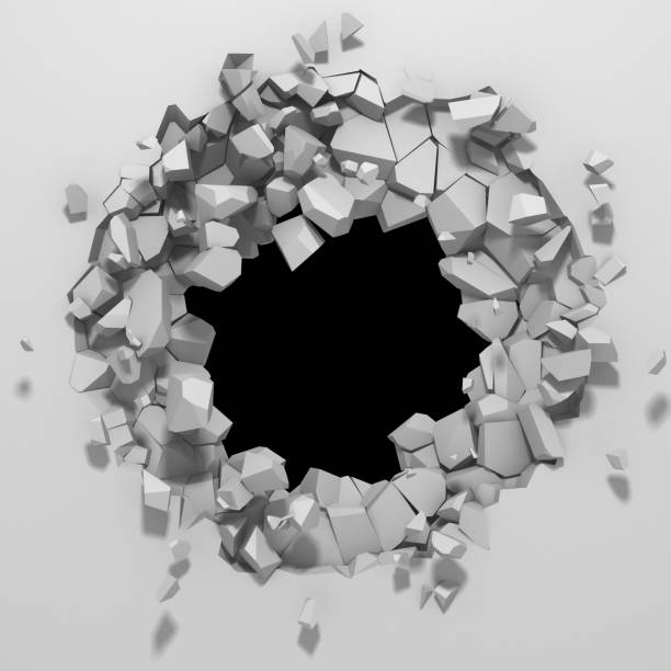 istock Dark destruction cracked hole in white stone wall 1144857958