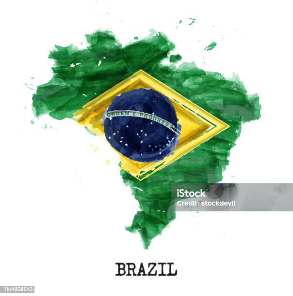 Vetores de Projeto Da Pintura Da Aguarela Da Bandeira De Brasil Forma Do Mapa Do País Conceito Do Dia Da Independência Vetor e mais imagens de Brasil