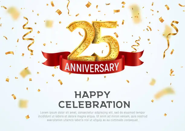Vector illustration of 25 years anniversary vector banner template. Twenty five year jubilee with red ribbon and confetti on white background.