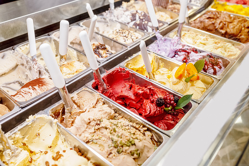 various flavors of gelato ice-cream at the showcase in dessert shop