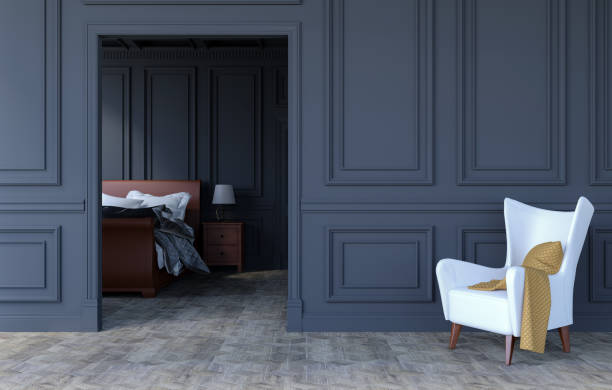 istock Luxury bedroom interior in modern classical design with armchair and copy space on empty wall, 3D Rendering 1144860628