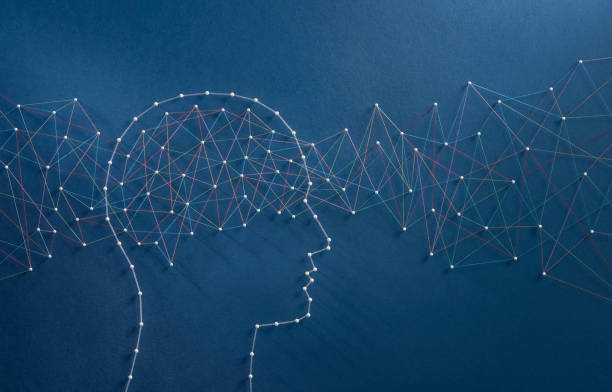Brain waves concept Information flux concept. Network of pins and threads in the shape of a stream of information going through a brain symbolising the hyper connected mind of the digital era. psyche photography stock pictures, royalty-free photos & images