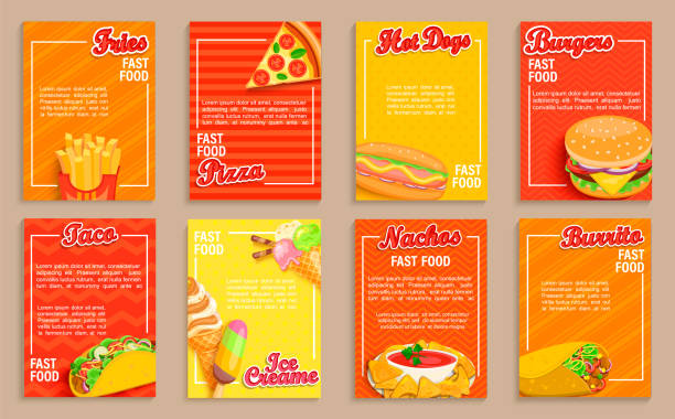 Big set of fast food shop flyers,banners. Big set of fast food shop flyers,banners.Collection of fries, pizza, hot dog,burger and nachos,burrito taco and ice cream menu pages for cafeteris,resaurant.Posters for truck advertise.Design template tamales stock illustrations