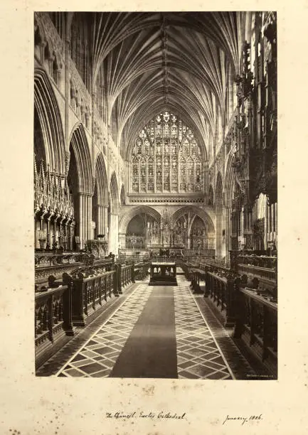 Antique victorian photograph of Chancel, Exeter Cathedral, 19th Century.  Properly known as the Cathedral Church of Saint Peter in Exeter, is an Anglican cathedral, and the seat of the Bishop of Exeter, in the city of Exeter, Devon, in South West England. The present building was complete by about 1400