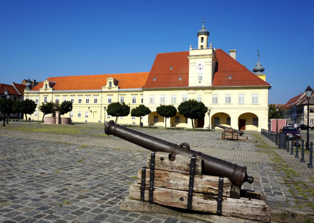 Ancient military war cannon in old part Tvrdja in the Croatian town of Osijek, on a square of the Holy Trinity dates from the time of Turkish conquest and occupation Old weapon military war cannon in old part Tvrdja in the Croatian town of Osijek, on a square of the Holy Trinity dates from the time of Turkish conquest and occupation osijek photos stock pictures, royalty-free photos & images