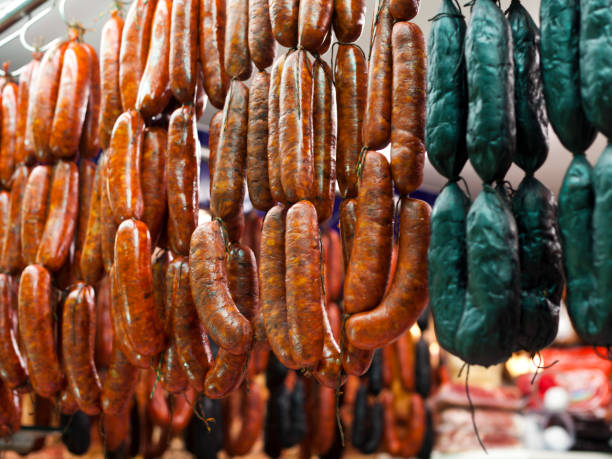 istock Sausages butcher for sale. 1144866023