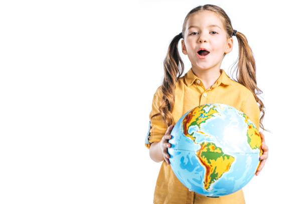 istock amazing child holding globe isolated on white, earth day concept 1144866335