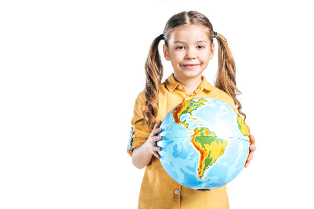 istock cute smiling child holding globe isolated on white, earth day concept 1144866350