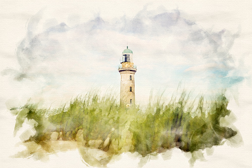 lighthouse of Warnemuende with sand dunes and grass in watercolors