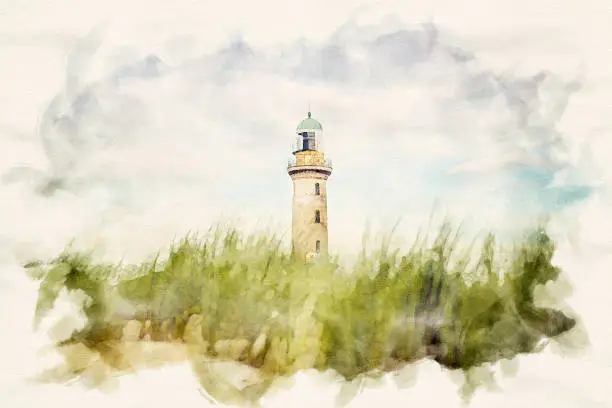 Photo of lighthouse of Warnemuende with sand dunes and grass in watercolors
