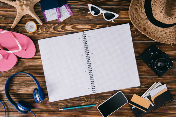 istock top view of empty notebook with gadgets and travel items around 1144868577