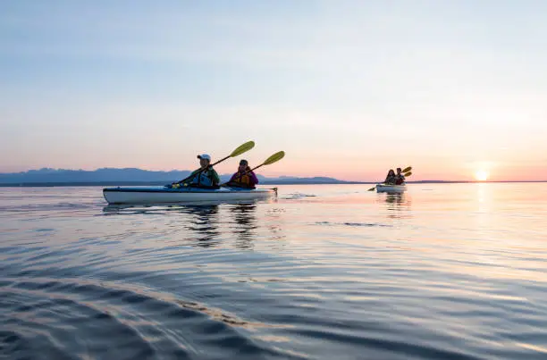 Group of people friends sea kayaking together at sunset in beautiful nature. Active outdoor adventure sports.