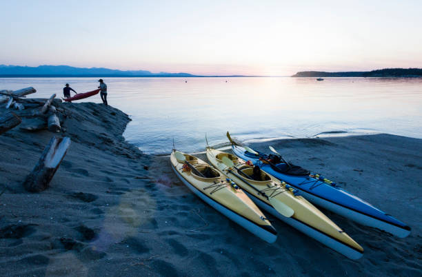 uomini della gente amici kayak di mare portando barche sulla spiaggia al tramonto. whidbey island, washington, stati uniti avventura avventura viaggi sportivi acquatici. - olympic peninsula foto e immagini stock