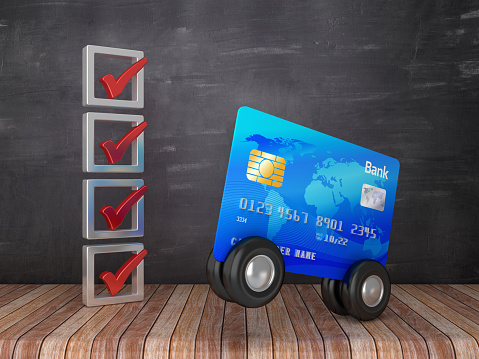 Check List with Credit Card - Chalkboard Background - 3D Rendering