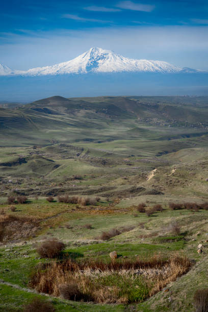 Panoramic view of Mount Ararat (5.137 m), Mt. Ararat is the national symbol of Armenia, but lies already on Turkish territory. In parts of Christianity it is accepted that Mount Ararat is the resting place of Noah's Ark.