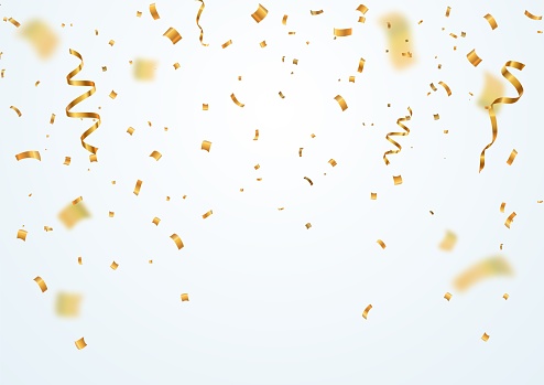 Golden flying blur confetti with motion effect on light white background. Template for Holiday vector illustration