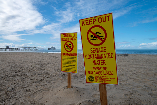 Keep out signs warning of contaminated water in Imperial Beach, California. Imperial Beach neighbors the Mexican-American border and must frequently shut down access to the Pacific ocean due to sewage contamination from Tijuana runoff (especially after heavy rains).