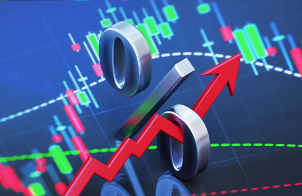 株式市場の動向を示す財務グラフ上のパーセント記号と赤の矢印 - comparison graph curve finance ストックフォトと画像