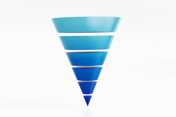 blaues trichter-diagramm auf weißem hintergrund - conversion funnel stock-fotos und bilder