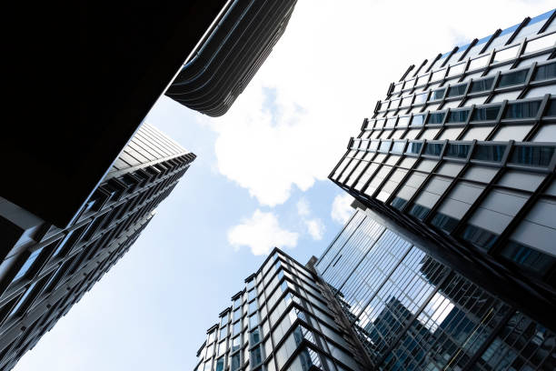 istock Low angle view of modern apartment buildings, sky background with copy space 1144881166