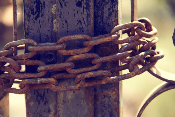 istock Different images of closed field fence with rusty chain 1144882711