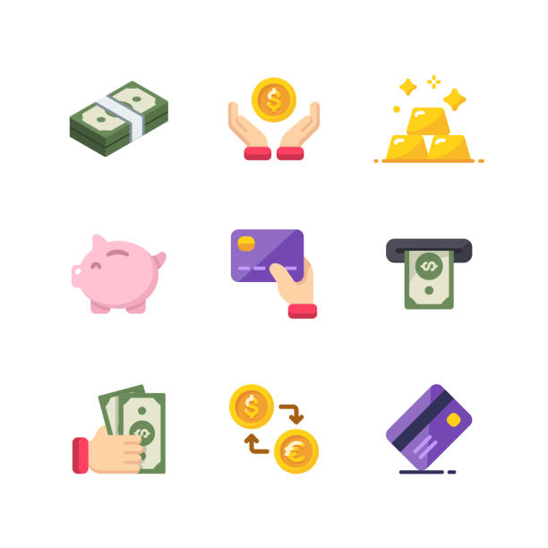 돈과 금융 플랫 컬러 벡터 아이콘입니다. 완벽 한 픽셀. 모바일 및 웹에 적합 합니다. - money bag symbol check banking stock illustrations