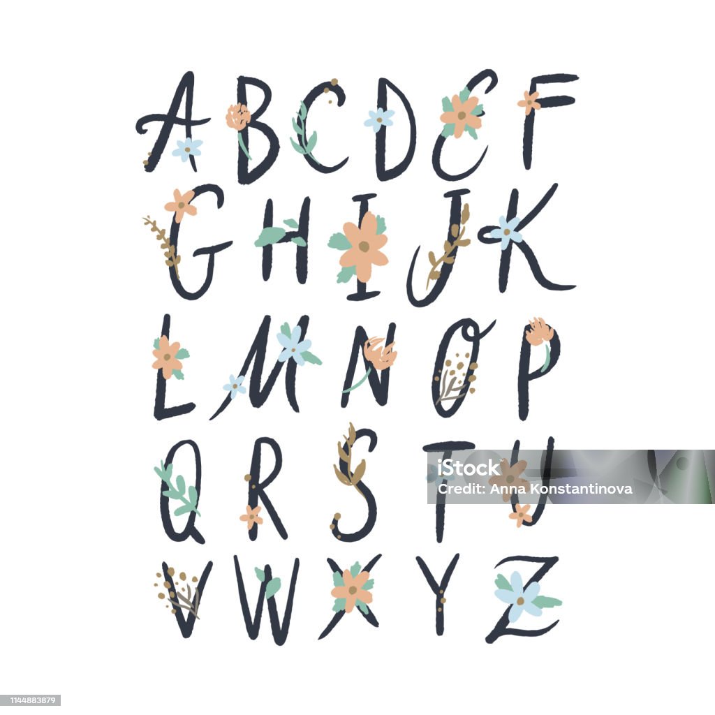 Hand Drawn Floral Alphabet Letters Vector Clip Art Stock Illustration