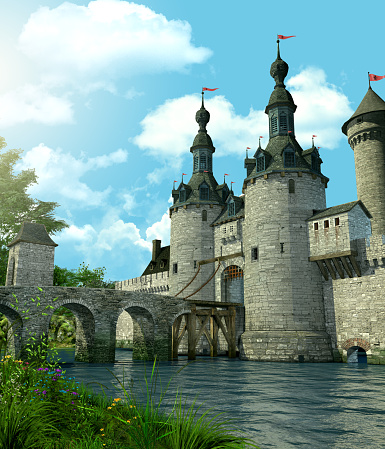 3D rendering of a romantic fairytale castle in an idyllic landscape framed by trees and protected by a moat filled with water.