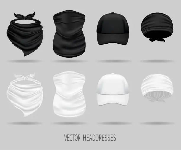 Vector illustration of White and black head bandanas and cap, neck scarf and buff.