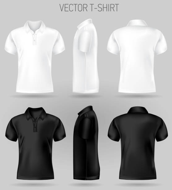 schwarz-und weiße, kurze ärmel polo-shirt-design vorlagen vorne, rücken und seitenansicht. - polo shirt shirt clothing textile stock-grafiken, -clipart, -cartoons und -symbole