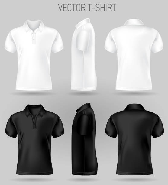 black and white short sleeve polo shirt design templates front, back, and side views . black and white short sleeve polo shirt design templates front, back, and side views . vector t-shirt mock up polo shirt stock illustrations