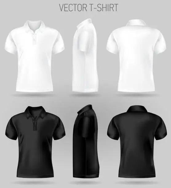 Vector illustration of black and white short sleeve polo shirt design templates front, back, and side views .