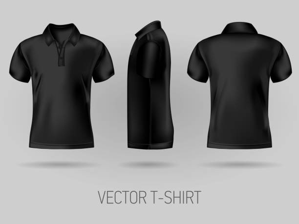 черный короткий рукав поло рубашки дизайн шаблонов спереди, сзади и сбоку мнения - polo shirt t shirt shirt drawing stock illustrations