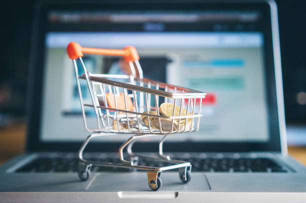istock Shopping cart with coins on laptop 1144905122