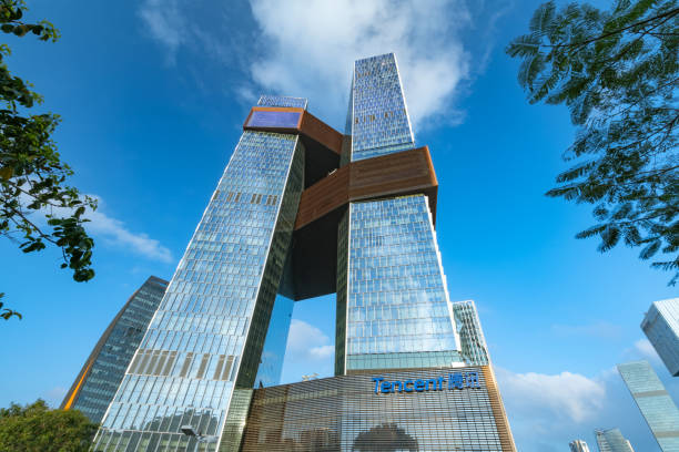 Tencent Seafront Towers Building of TENCENT - Twin-skyscrapers headquarters are located at SHENZHEN BAY STARTUP PLAZA in NANSHAN business district. shenzhen technology stock pictures, royalty-free photos & images