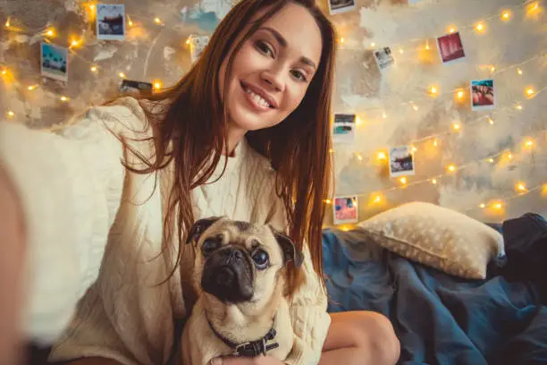 Young woman creative weekend at home with a pug-dog taking selfie picture close-up smiling cheerful