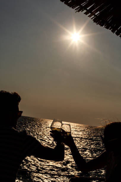 istock Romantic couple toasting with wine by the sea at sunset 1144910814