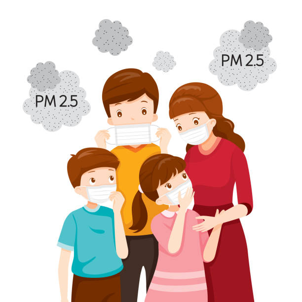 ilustraciones, imágenes clip art, dibujos animados e iconos de stock de máscara de contaminación atmosférica de padres e hijos para proteger el polvo pm 2.5, pm10, humo, smog - wildfire smoke
